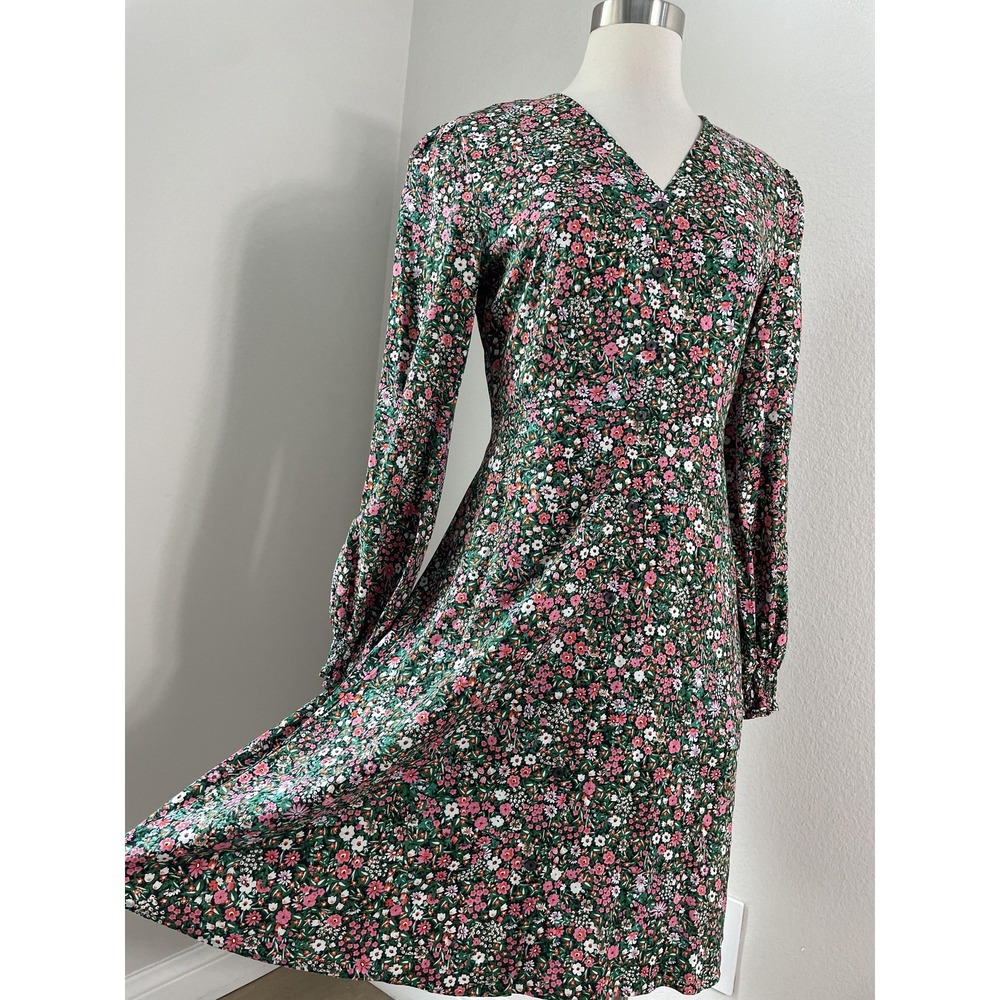 Uniqlo Dress Womens Small Green Floral V Neck Fit Flare Long Sleeve Pockets - Picture 6 of 11